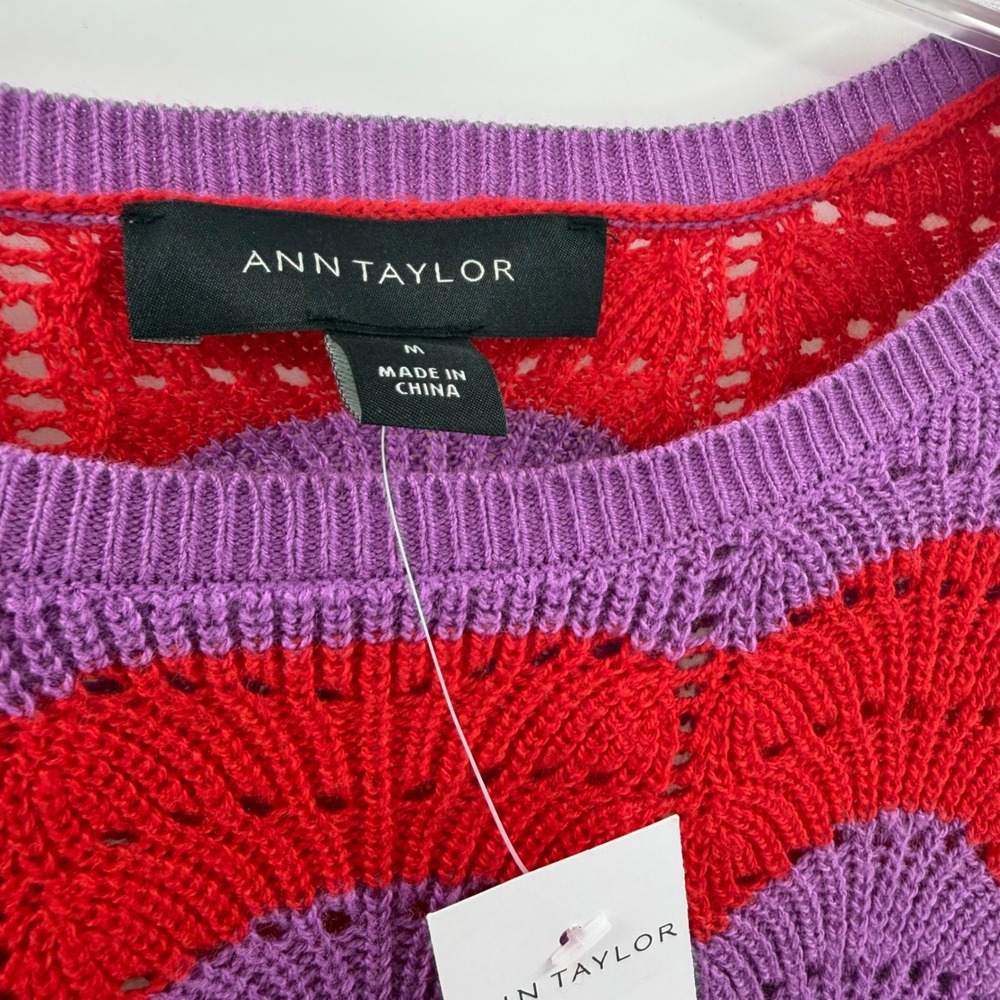 Ann Taylor Red Purple Wavy Chevron Pointelle Knit Sweater Womens Medium NWT - Picture 3 of 13